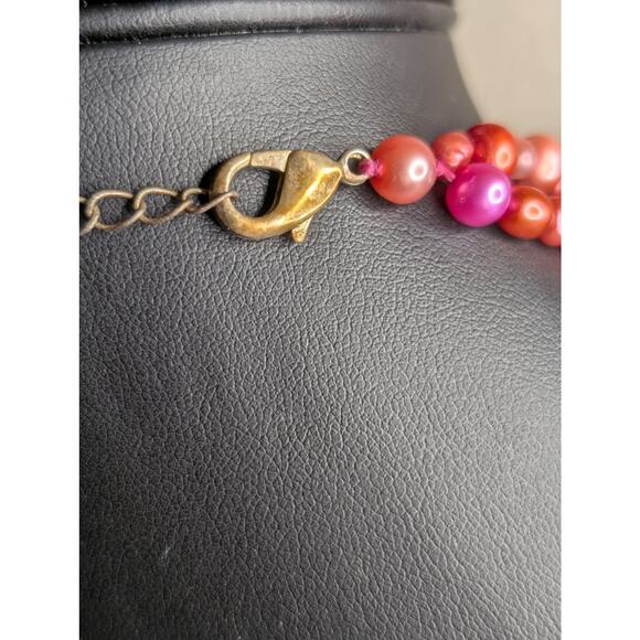 Double Strand Multi-Color Pearl Fuchsia Pink Rhodochrosite Pendant Necklace - Picture 8 of 11